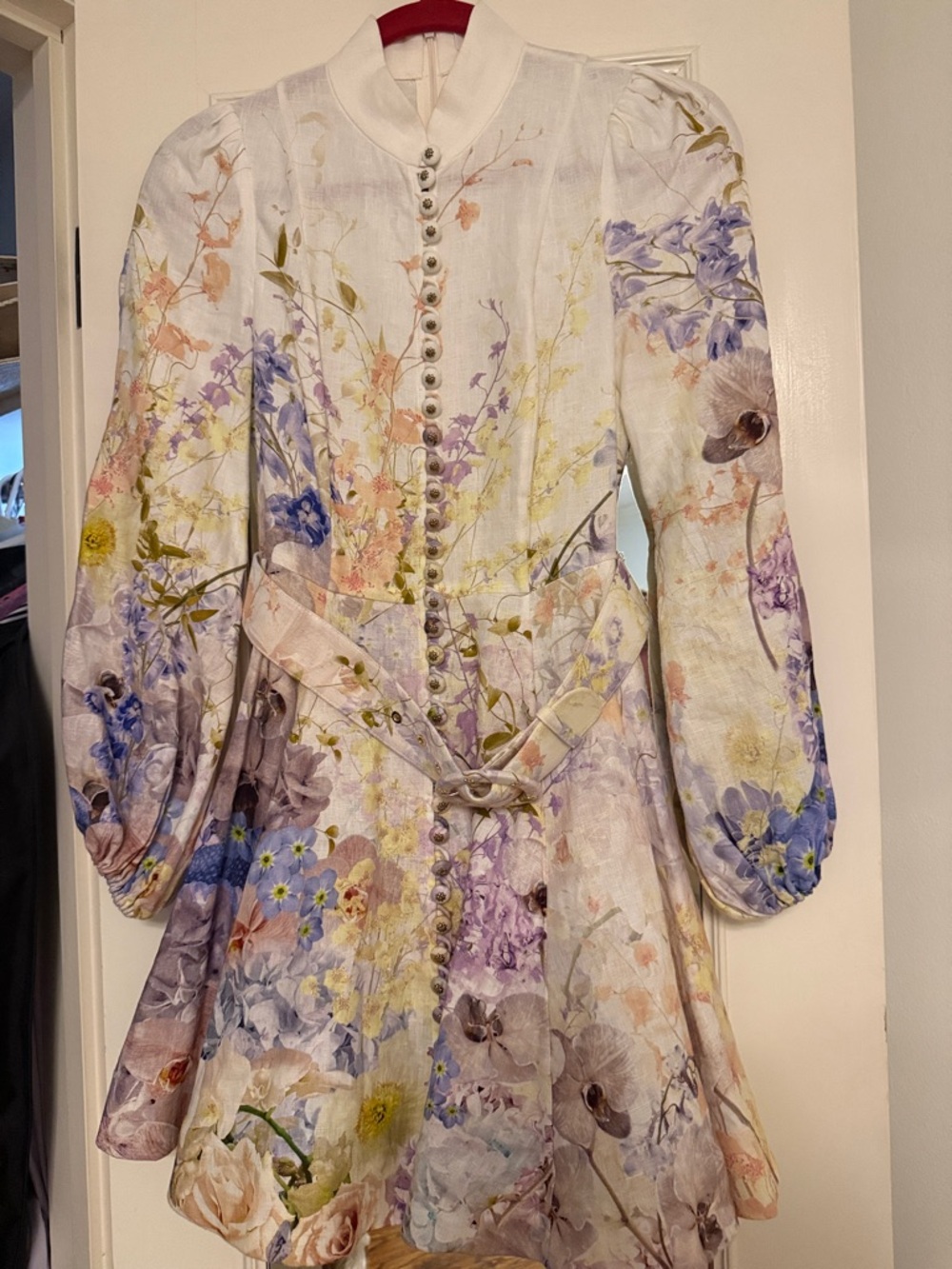 Zimmermann White Floral Mini Dress with Pastel Purple and Yellow Accents